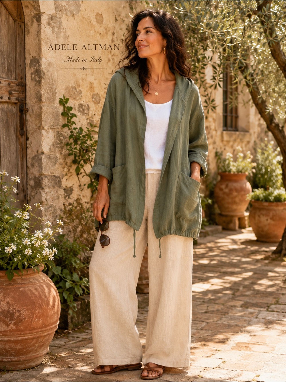 Adele Altman Italy 100% Linen Hooded Jacket Olive Green Oversized